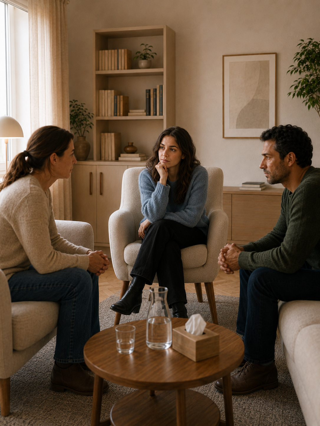 Samtal i ett ljust rum med tre personer